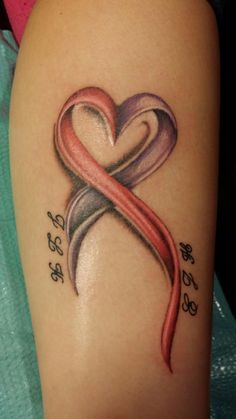 a woman's arm with a tattoo on it that has a heart and paw prints