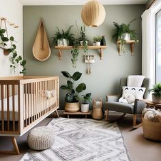 a baby's room decorated in neutral colors with plants and potted plants on the wall