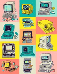 an image of different types of electronic devices on colored squares in the style of pop art