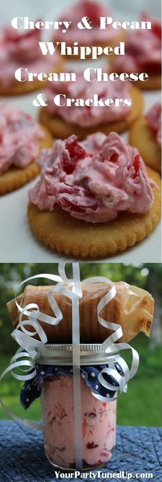 cherry and peal whipped cream cheese crackers in a jar with ribbon on top