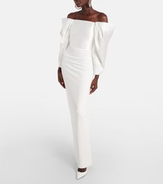 Bridal Melina gown in white - Solace London | Mytheresa Rehearsal Dinner Looks, Civil Wedding Dress, Dinner Looks, Puffed Long Sleeves, Solace London, Civil Wedding Dresses, Drape Gowns, Boned Corsets, London Outfit