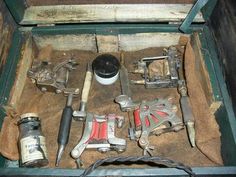 an old tool box filled with various tools