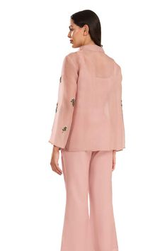 Pink jacket with front tie-ups and floral, beaded hand embroidery. Paired with an inner top and pant. - Aza Fashions Spring Silk Pantsuit With Long Sleeves, Silk Long Sleeve Pantsuit For Spring, Spring Embellished Long Sleeve Pant Set, Embellished Long Sleeve Pant Set For Spring, Chic Silk Sets With Floral Embroidery, Spring Silk Embroidered Pant Set, Silk Pant Set With Floral Embroidery For Spring, Organza Embroidery, Embroidery Floral