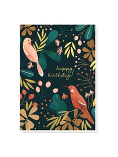 a card with two birds and leaves on the front, happy birthday written in gold foil