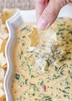 a hand dipping a tortilla chip into a bowl of dip