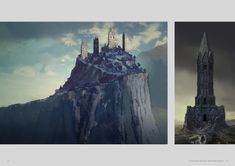 two different views of a castle on top of a mountain