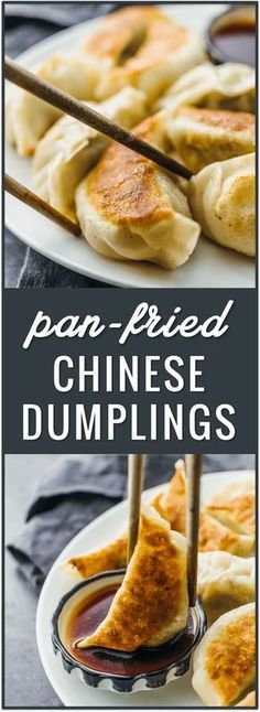 pan fried chinese dumplings on a white plate with chopsticks and dipping sauce