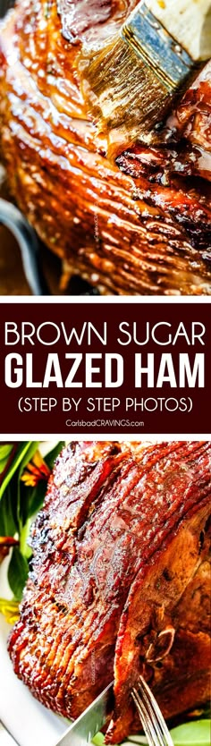 brown sugar glazed ham on a plate with a knife and fork