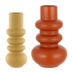 two different colored vases sitting next to each other on a white background, one is orange and the other has brown