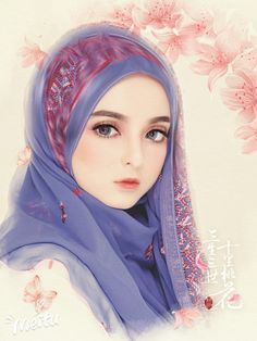 a woman wearing a purple hijab with pink flowers around her head and eyes