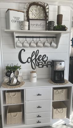 a coffee bar with wicker baskets on the top and shelves above it, along with other items