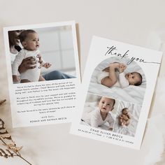 two cards with the same photo on them, one has an image of a baby and the other says thank you