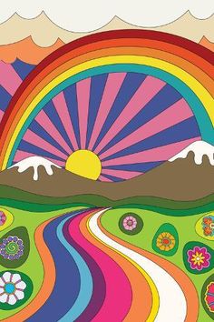 a rainbow colored landscape with mountains, flowers and a road leading to the sun in the distance