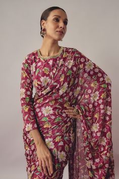 Maroon pre-draped saree with all over gardenia blossom print and hand embroidered detailing. Paired with a matching printed three fourth sleeves blouse. - Aza Fashions Traditional Pre-draped Saree With Floral Print, Transitional Pre-draped Saree With Floral Embroidery, Festive Pre-draped Saree With Floral Print And Traditional Drape, Bollywood Style Festive Pre-draped Floral Saree, Festive Pre-draped Saree With Floral Print, Festive Floral Pre-draped Saree, Traditional Fitted Pre-draped Saree With Floral Print, Festive Floral Print Pre-draped Saree, Traditional Pre-draped Saree With Floral Print For Designer Wear