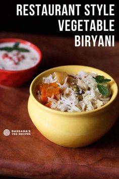 a yellow bowl filled with rice and vegetables