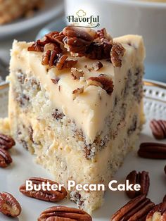 a close up of a piece of cake on a plate with pecans around it