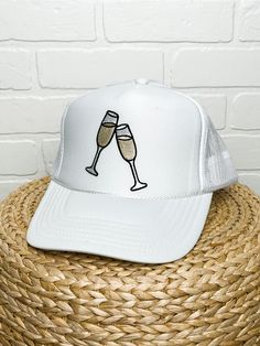 Champagne glasses trucker hat white - Stylish Hat -  Cute Bridal Collection at Lush Fashion Lounge Boutique in Oklahoma City Champagne Trucker Hat, Homesick Candles, Mom Guilt, Photo Op, Champagne Glasses, Women's Boutique, Oklahoma City, Ladies Boutique, Hat Making