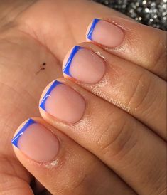 Pink And Blue French Tip Nails Short, Short Royal Blue French Tip Nails, Short Blue Tip Nails, Really Short Square Acrylic Nails, Really Short Nails Ideas Gel, Short Nails For Vacation, Extra Short Square Acrylic Nails, Short Square Vacation Nails, Really Really Short Nails