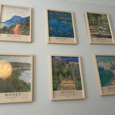 four framed paintings on the wall with words and pictures above them that say money, monet, mont saint - michel