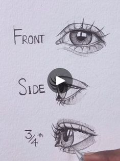 someone is drawing different types of eyes with their marker and the words front, side, and 4 / 4