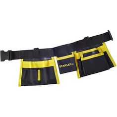 two black and yellow belts with the words stanley on them, one belt is attached to another belt