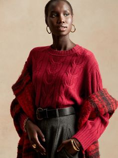 Spun by Italian mill Filpucci exclusively for Banana Republic, this classic cable-knit sweater is knitted from yarn that's rich in color, incredibly soft and designed to keep you warmth through the coldest months.  RELAXED & SHORT: Almost oversized, Red Womens Sweater, Banana Republic Sweater, Red Sweater, Banana Republic Women, Red Star, Wide Sleeves, Fall Winter Outfits, Red Sweaters, Outfits Aesthetic