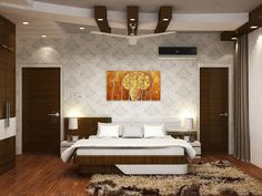 a modern bedroom with wood floors and white bedding, large painting on the wall