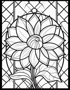 a stained glass window with a flower in the center and leaves on it's side