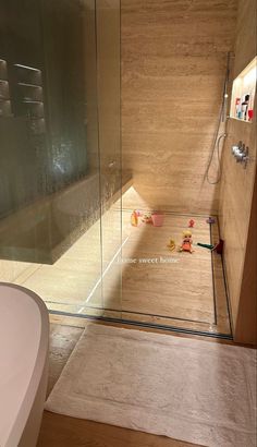 there is a glass shower door in the bathroom with toys on the floor next to it