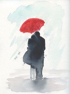 a painting of two people under an umbrella in the rain, with one holding the other's head