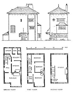 three story house plans with two floors and four stories, including the first floor plan