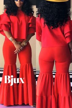 Bjux – Stylish Crimson Wide Leg Pants & Two-piece Set for Fashion Enthusiasts – Bjux Fashion Boutique Red Wide Leg Pants, 2piece Outfits, Lace Dress Styles, Causal Outfits, Jumpsuit Elegant, Two Piece Pants Set, Casual Wide Leg Pants, Ruffles Fashion, Fashionista Clothes