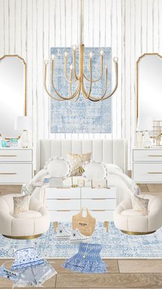 a white and blue bedroom with gold accents, chandelier and two chairs in front of the bed