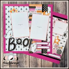 two scrapbook pages with the word boo on them and an image of a ghost