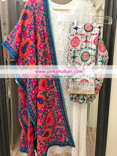 Hand Embroidered Parsi work Phulkari Stole, white chikankari Kurta and Phulkari Pants . Shop Online in USA only at www.PinkPhulkari.com.  FREE SHIPPING IN USA! White Chikankari Kurta With Dupatta, White Chikankari Kurta, Suit Punjabi, Chikankari Kurta, Outfits Indian