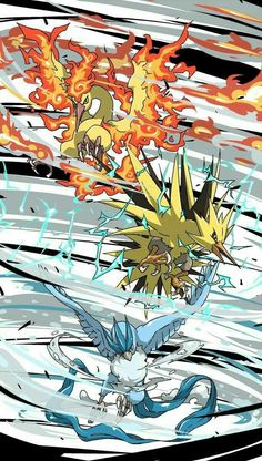 two pokemons are in the water with fire coming out of their heads and tails