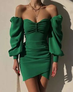 Lasaky - Lantern Sleeve Ruched Off Shoulder Bodycon Dress Outfits Dress, Long Sleeve Wrap Dress, Ruched Bodycon Dress, Hip Dress, Looks Chic, Mini Fashion, Olivia Mark, Look Fashion