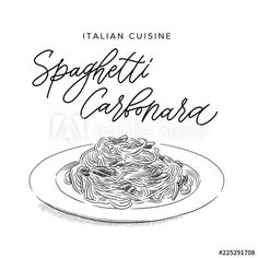 spaghetti with sauce on the plate italian cuisine hand drawn lettering poster or postcard design