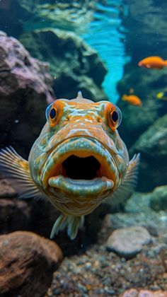 a fish with its mouth open in an aquarium filled with rocks and other marine life