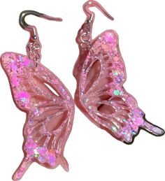 Pink Butterfly Jewelry With Matching Earrings, Cute Pink Butterfly Earrings, Pink Drop Earrings With Butterfly Charm, Pink Butterfly Charm Drop Earrings, Iridescent Butterfly-shaped Jewelry Gift, Wing Jewelry, Butterfly Wing Earrings, Pink Sparkly, Butterfly Gifts