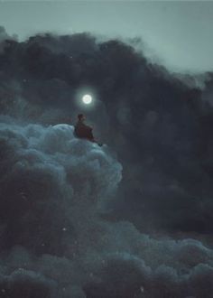 a person sitting on top of a cloud in the sky with a full moon behind them