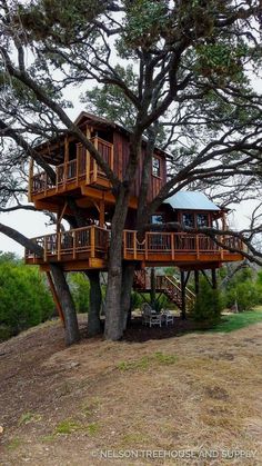 a large tree house sitting on top of a hill