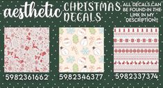 four different christmas patterns on green and white background with the words aesthetic christmas decals