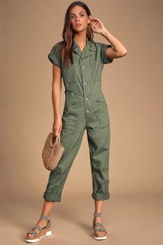 Cute Rompers & Jumpsuits for Women | White, Black, Floral & More Denim Jumpsuit Outfit, Short Sleeve Denim Jumpsuit, Olive Green Jumpsuit, Short Sleeve Denim, Jumpsuit Outfits, Rompers Dressy, Trendy Jumpsuit, Coverall Jumpsuit, Olive Green Shorts