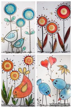 four different pictures of flowers and birds with hearts in the middle one is blue, red, yellow and orange