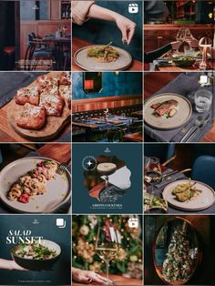 various photographs of food and wine being served to people at a restaurant or other place