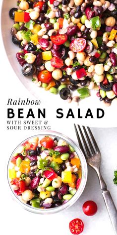 bean salad with sweet and sour dressing in a white bowl next to a fork on the side