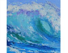 an oil painting of a large wave in blue and green colors, with white clouds above it