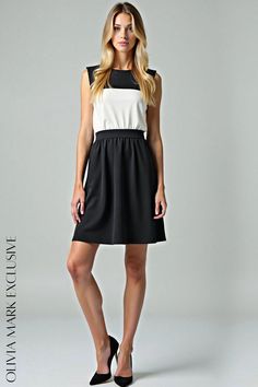 Olivia Mark - Elegant Contrast Color Block Fit and Flare Dress Block Design, Effortless Chic, Flared Skirt, Black And White Colour, Fitted Bodice, Olivia Mark, Fit And Flare Dress, Flare Skirt, Flare Dress