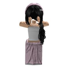 a woman with long black hair standing in front of a white background wearing shorts and a tank top